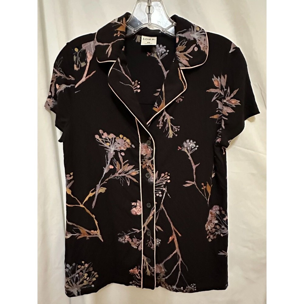 Soma Cool Nights Pajama Top Shirt Size XS Black Floral Extra Soft